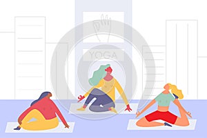 Yoga in fitness class. Exercising vector women