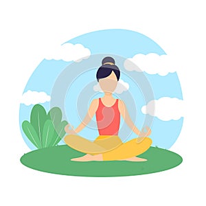 Yoga Fitness Concept. Silhouette of woman doing asana for International Yoga Day Lotos. Nature. Vector