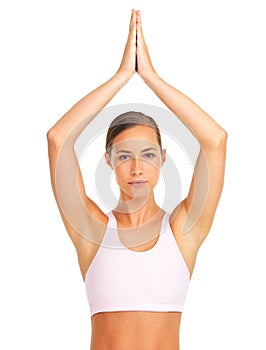 Yoga, fitness and portrait of a woman training on an isolated white background in studio. Zen, spiritual and girl in a