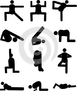 Yoga and Fitness Positions Black Silhouettes Human