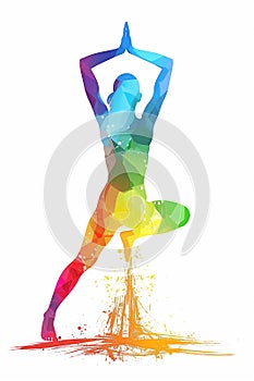 Yoga fitness practise with physical postures exercise for wellness health and meditation shown in a colourful abstract watercolour