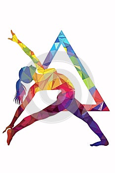Yoga fitness practise with physical postures exercise for wellness health and meditation shown in a colourful abstract watercolour