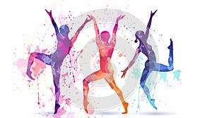 Yoga fitness practise with physical postures exercise for wellness health and meditation shown in a colourful abstract watercolour