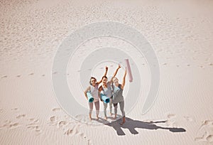 Yoga fitness team on beach, friends training in nature and peace hand sign for exercise by the sand mockup in summer