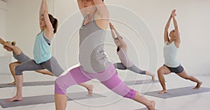 Yoga, fitness and women in exercise class in studio for pilates and body workout, flexible and zen. Training in gym