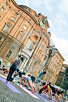 Yoga flash mob in piazza Carignano, Turin