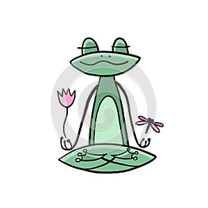 Yoga frog meditate in lotus pose. Isolated on white background. Cartoon for your design
