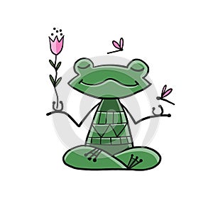 Yoga frog meditate in lotus pose. Isolated on white background. Cartoon for your design