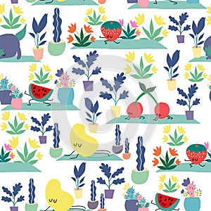 Yoga fruits in a seamless pattern design