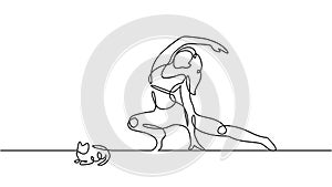 Yoga girl with cat, continuous one line art drawing. Vector minimalist illustration isolated on white background