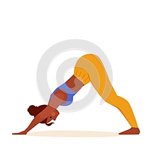 Yoga Girl in Down Dog Pose Exercising on Mat. Vector drawing of a fitness woman in downward facing position on yoga mat