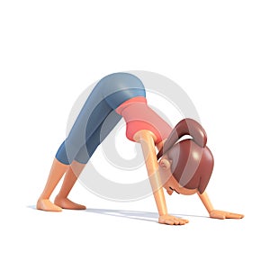 Yoga girl in downward dog position on white background, cartoon female 3d charcter doing yoga, 3d illustration