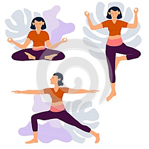 Yoga girl exersices and body health poses training set cartoon vector illustration.
