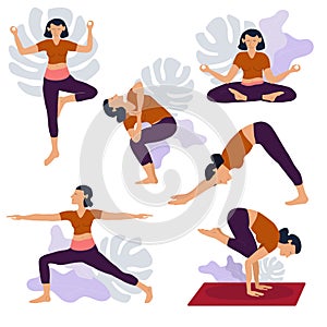 Yoga girl exersices and body health poses training set cartoon vector illustration.