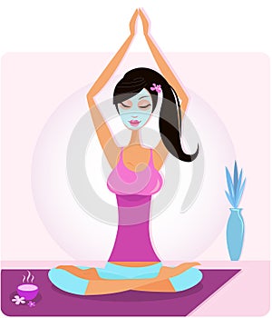 Yoga girl with facial mask practicing yoga asana