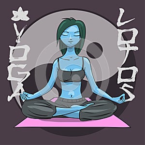 Yoga. Girl in the lotus position. Alien girl.
