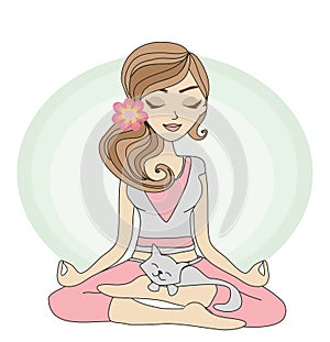 Yoga girl in lotus position and her sweet cat