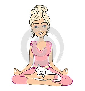 Yoga girl in lotus position and her sweet cat