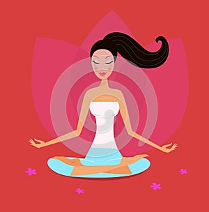 Yoga girl in lotus position isolated on red