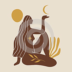 Yoga girl moonchild vector illustration sacred woman wellness art