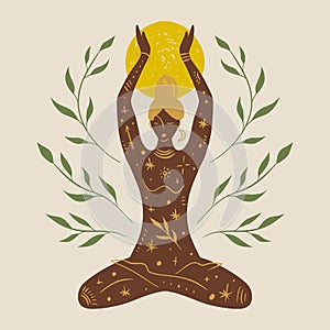 Yoga girl moonchild vector illustration sacred woman wellness art