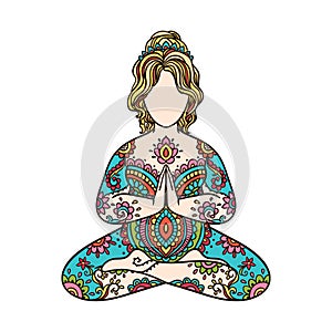 Yoga girl. Ornament Meditation pose. Concept of body positive. Vector illustration plus size,