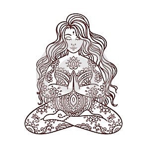 Yoga girl. Ornament Meditation pose. Concept of body positive. Vector illustration plus size,
