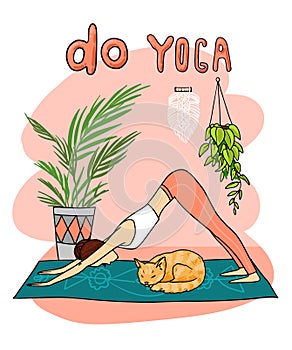 Yoga girl poster. Beautiful hand drawn illustration do yoga.