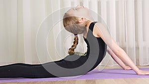 Yoga girl practising asana on carpet at home gym. Flexible girl training Cobra Bhujangasana on home yoga. Home training