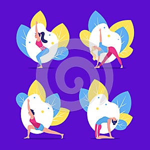 Yoga girls asanas set exersices and body health poses training set flat vector illustration.
