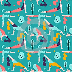 Yoga girls in the park seamless pattern green background.People doing activities and sports outdoor flat design 