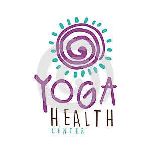 Yoga health center logo, colorful hand drawn vector illustration