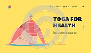 Yoga for Health Landing Page Template. Senior Female Character Sitting om Mat Practice Asana Pose. Old Woman Workout