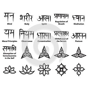 yoga icons and sanskrit texts. Vector illustration decorative design