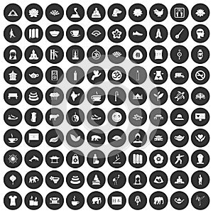 100 yoga icons set black circle