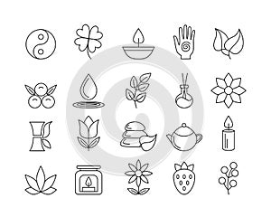 Yoga icons. Spiritual symbols of Zen and harmony life. Buddha hand and Yin Yang. Relaxing spa aromatherapy. Health care