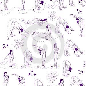 Yoga illustration. Surya Namaskara. Seamless pattern. EPS,JPG.