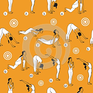 Yoga illustration. Surya Namaskara. Seamless pattern. EPS,JPG.