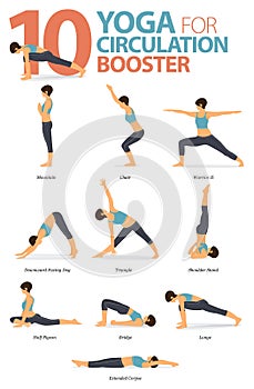10 Yoga poses for circulation booster concept. Women exercising for body stretching. Yoga posture or asana for fitness infographic photo