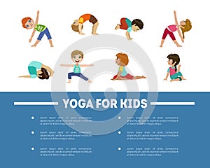 Yoga for Kids Banner Template with Place for Text, Children Practicing Asana Poses, Flyer, Poster, Invitation Card