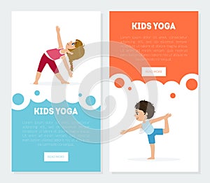 Yoga for Kids Banners Templates Set, Children Practicing Asana Poses, Yoga Classes Advertising Landing Pages Vector