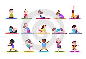 Yoga kids. Cartoon children doing yoga. Sporting girls and boys in gym. Vector characters isolated set