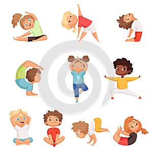 Yoga kids characters. Fitness sport childrens posing and making gymnastics yoga exercises vector illustrations photo