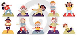 Yoga kids. Children do yoga exercises, boys and girls healthy lifestyle isolated vector illustration set. Little