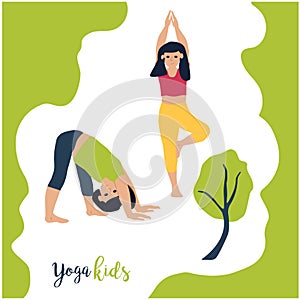 Yoga kids excercises sport and fun asana poses vector illustration.