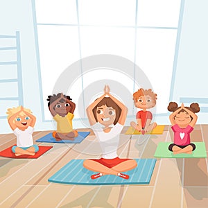 Yoga kids group. Children making exercises with instructor in gym vector cartoon background