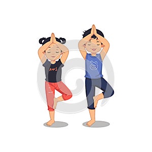 yoga kids poses vector cartoon illustration