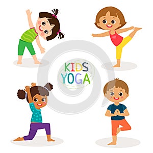 Yoga Kids Poses Vector Cartoon Illustration. Little Girls And Boys Doing Yoga Set.