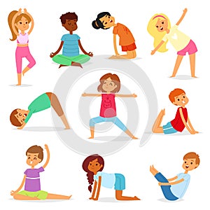 Yoga kids vector young child yogi character training sport exercise illustration healthy lifestyle set of cartoon boys