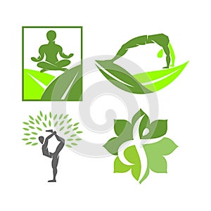 Yoga Leaf logo design emblem meditation vector illustration set